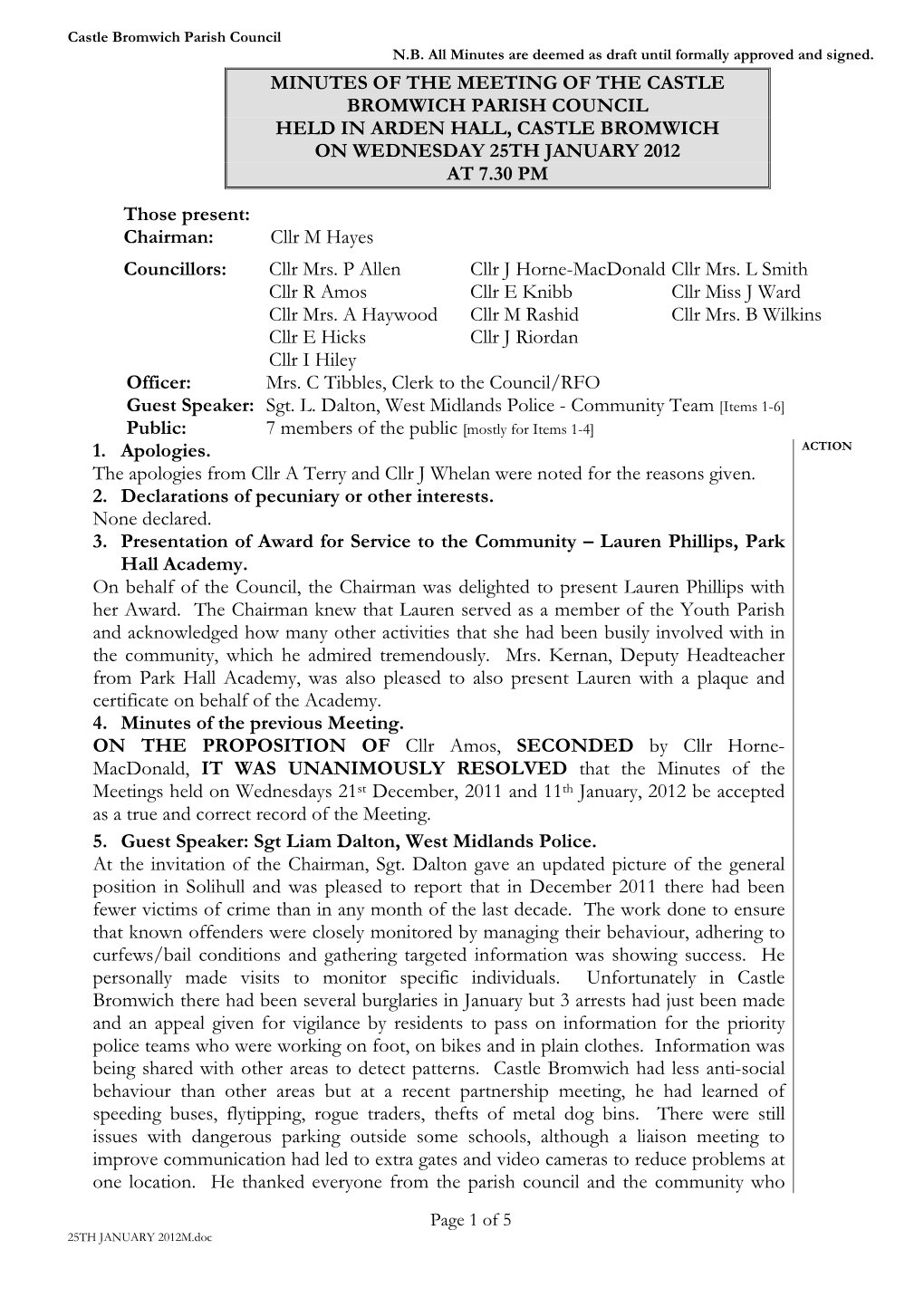 Minutes of the Meeting of the Castle Bromwich Parish Council Held in Arden Hall, Castle Bromwich on Wednesday 25Th January 2012 at 7.30 Pm