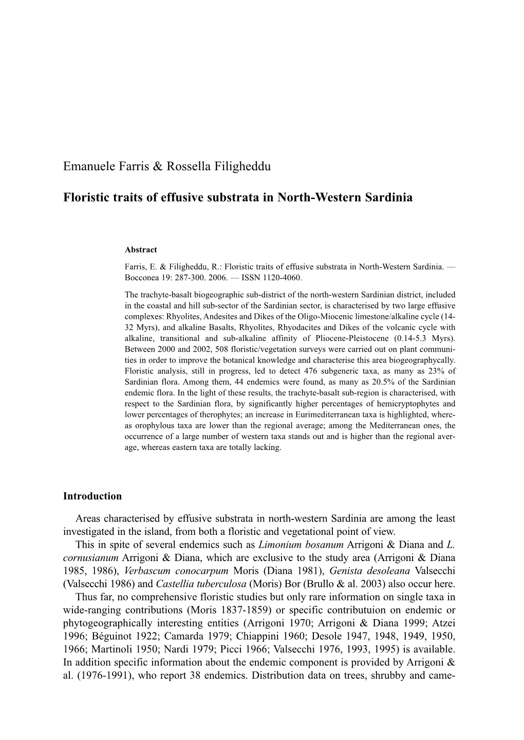 Emanuele Farris & Rossella Filigheddu Floristic Traits of Effusive