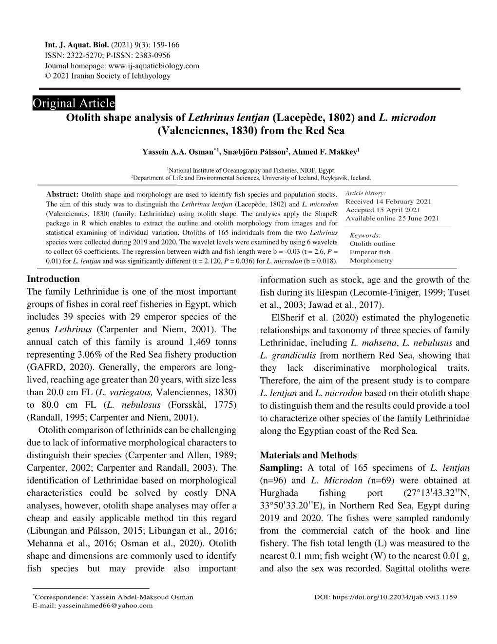 Otolith Shape Analysis of Lethrinus Lentjan (Lacepède, 1802) and L. Microdon (Valenciennes, 1830) from the Red Sea