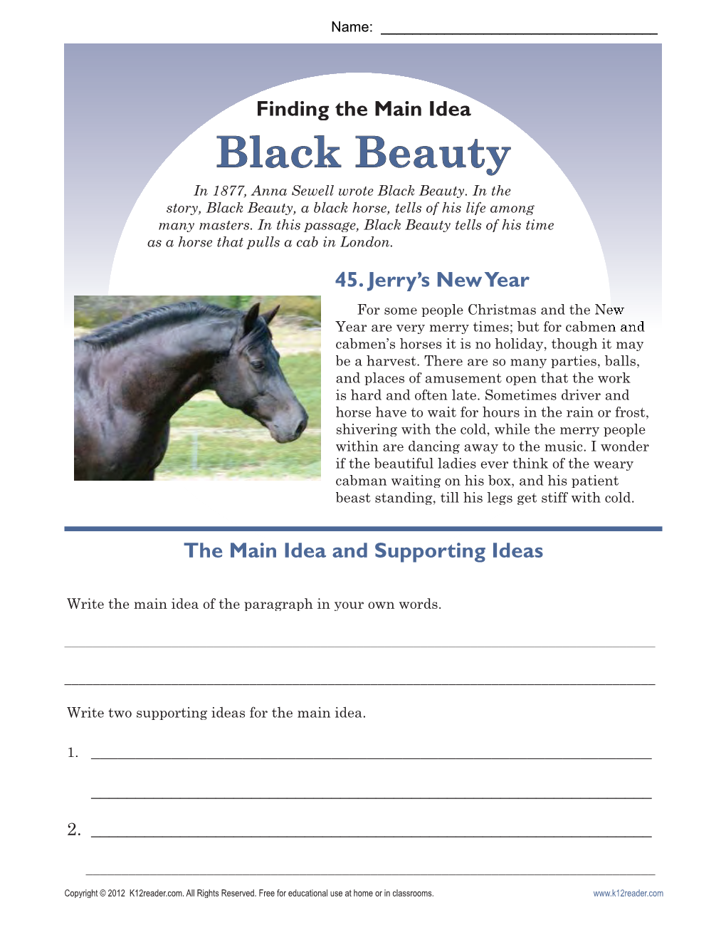 Main Idea Worksheets | Black Beauty