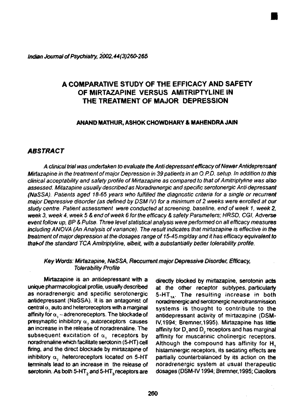 A Comparative Study of the Efficacy and Safety of Mirtazapine Versus Amitriptyline in the Treatment of Major Depression