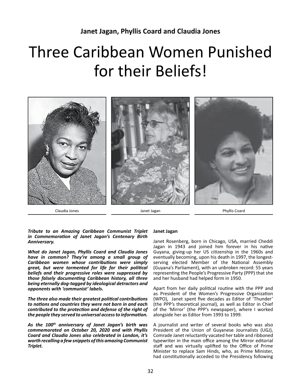 Janet Jagan, Phyllis Coard and Claudia Jones Three Caribbean Women Punished for Their Beliefs!