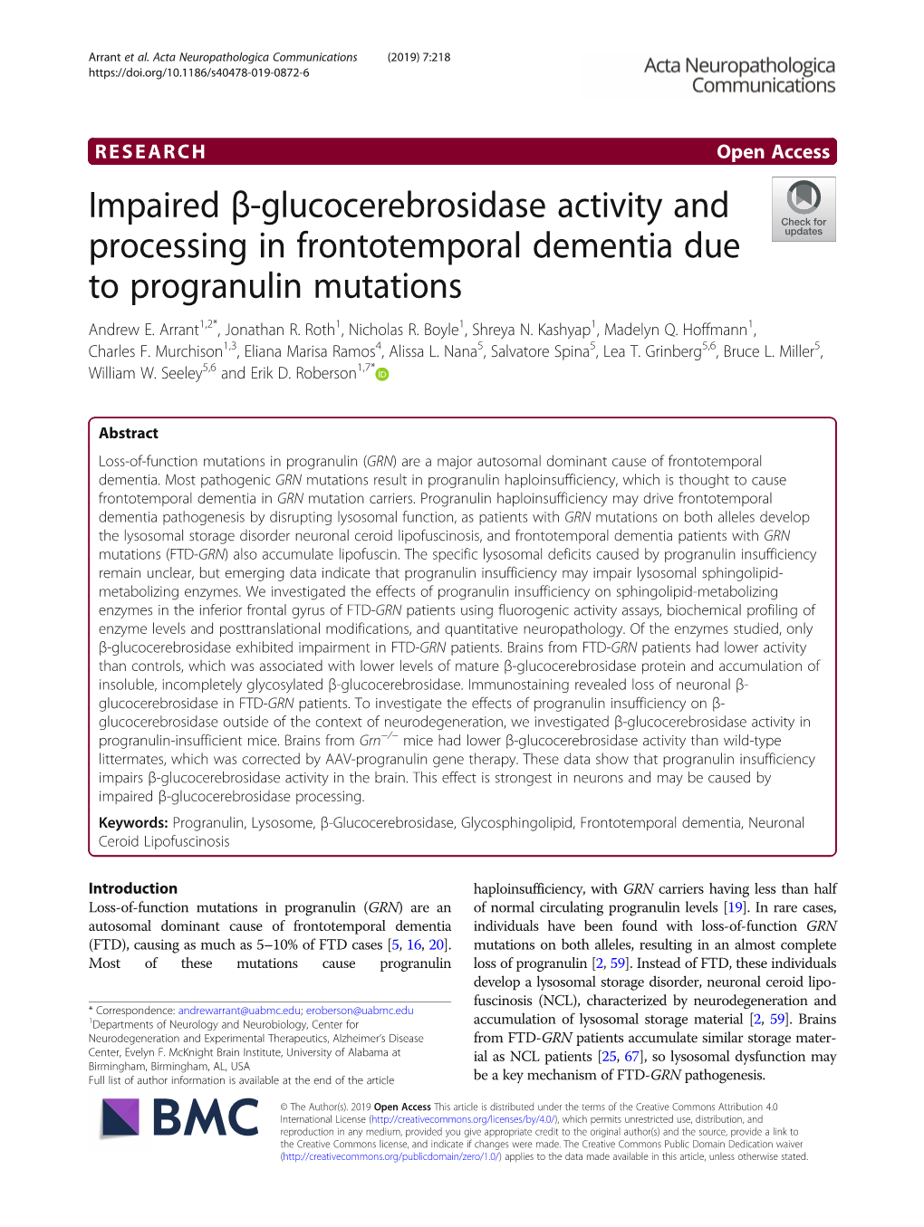 Impaired Β-Glucocerebrosidase Activity and Processing in Frontotemporal Dementia Due to Progranulin Mutations Andrew E