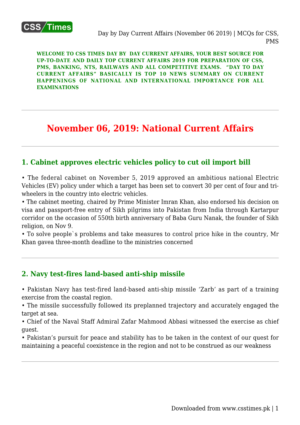 Day by Day Current Affairs (November 06 2019) | Mcqs for CSS, PMS