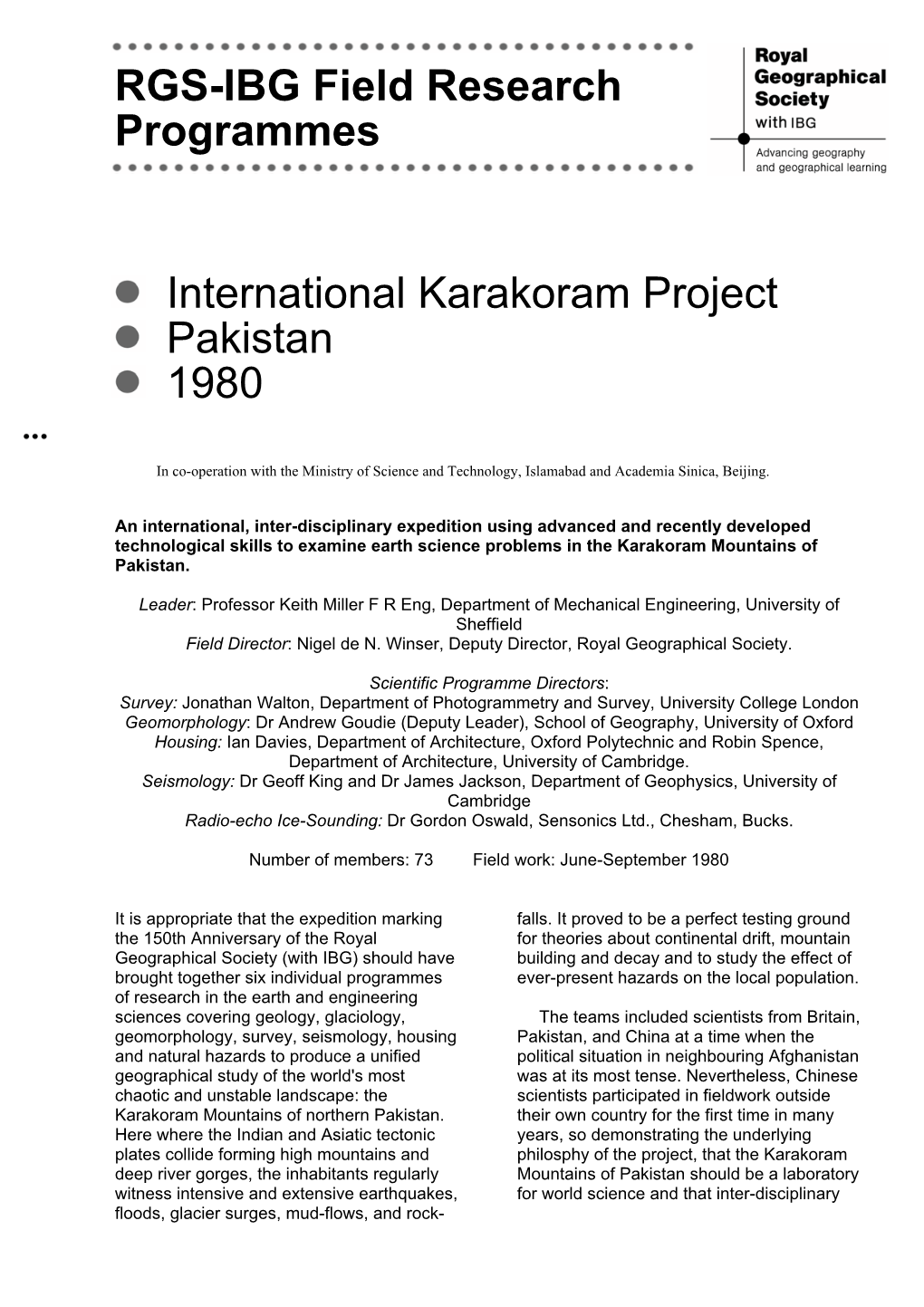 RGS Karakoram Project Summary and Bibliography