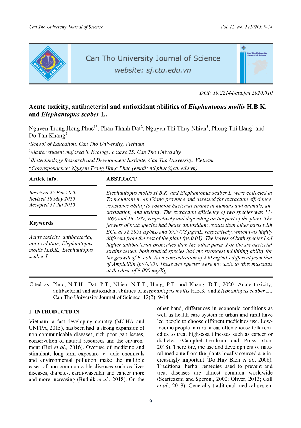 Acute Toxicity, Antibacterial and Antioxidant Abilities of Elephantopus Mollis H.B.K