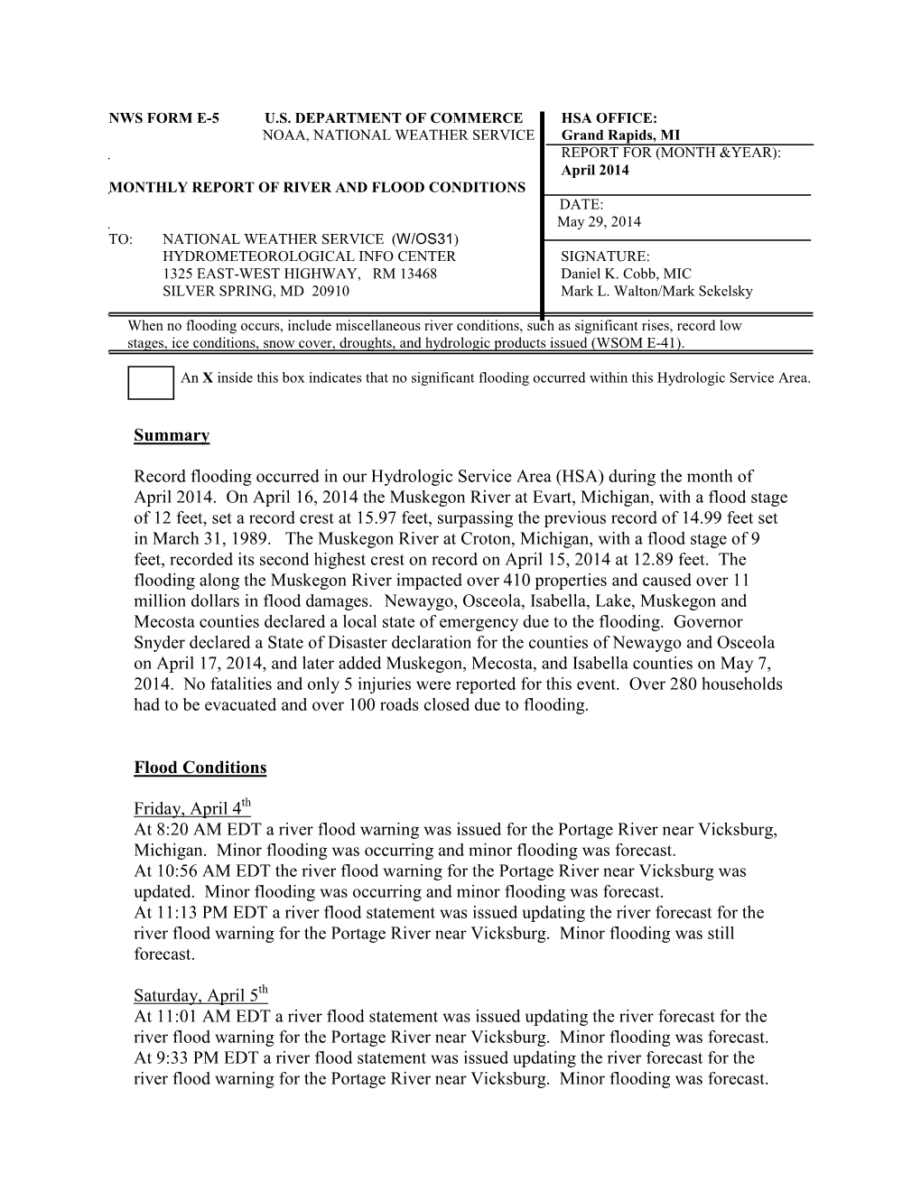 Summary Record Flooding Occurred in Our Hydrologic Service Area (HSA