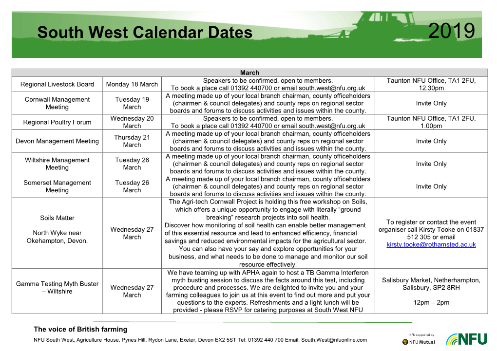 South West Calendar Dates 2019