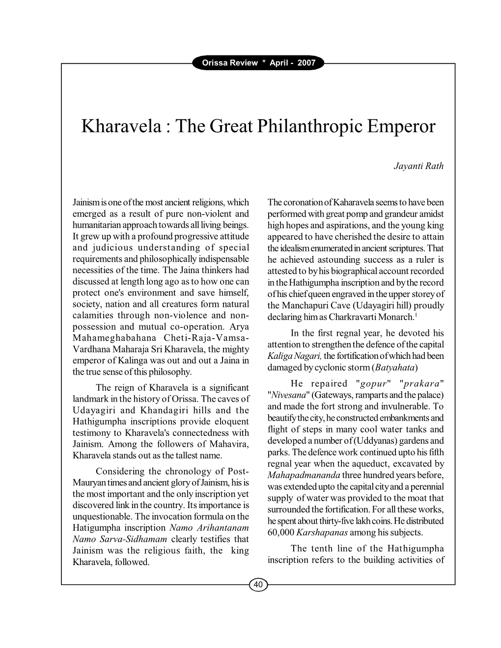 Kharavela : the Great Philanthropic Emperor