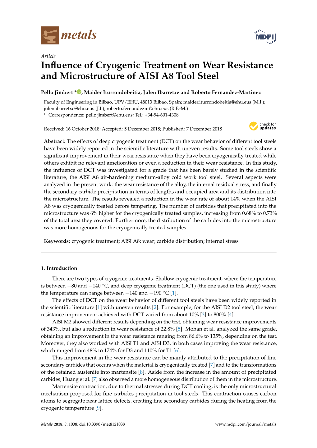 Influence of Cryogenic Treatment on Wear Resistance And