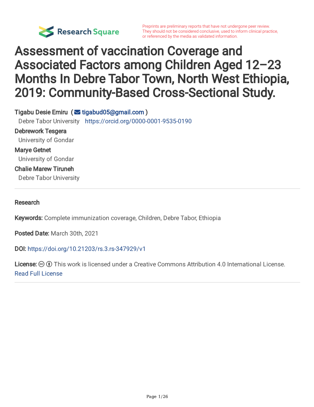 Assessment of Vaccination Coverage and Associated Factors Among