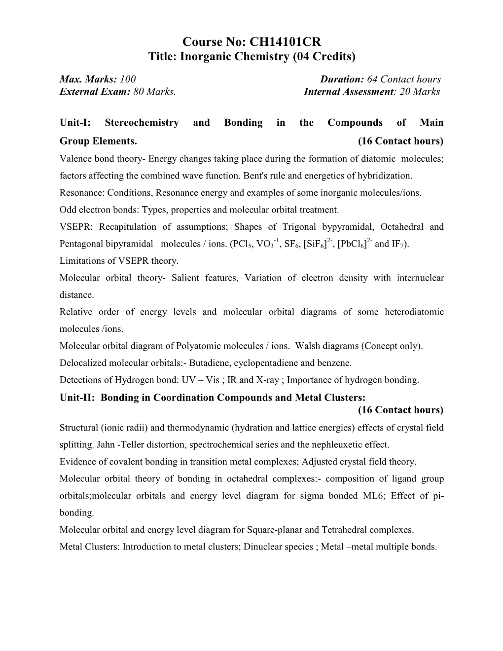 Inorganic Chemistry (04 Credits)