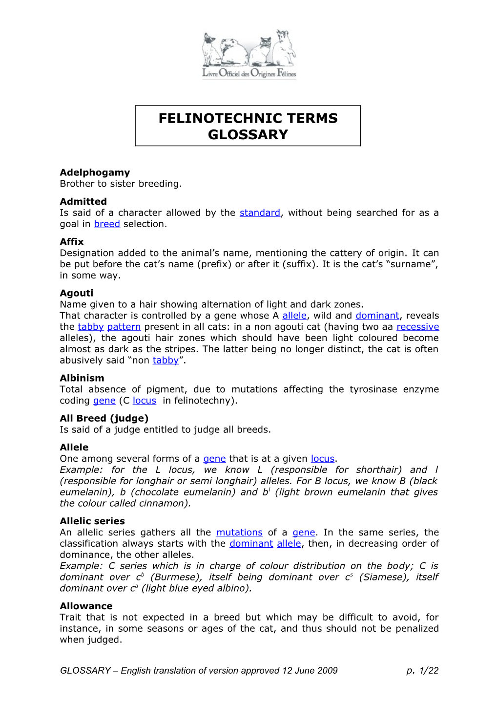 Felinotechnic Terms Glossary