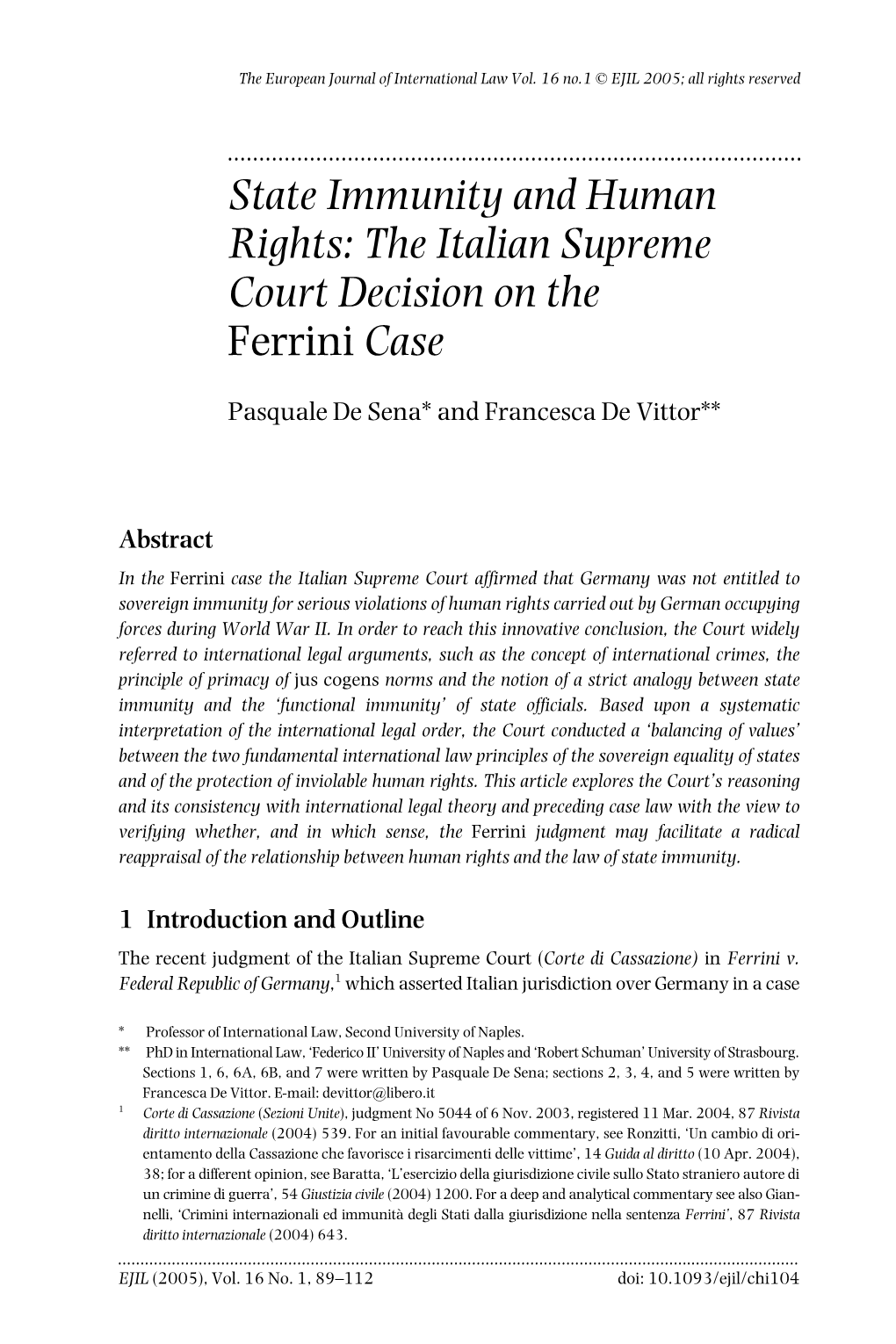 The Italian Supreme Court Decision on the Ferrini Case