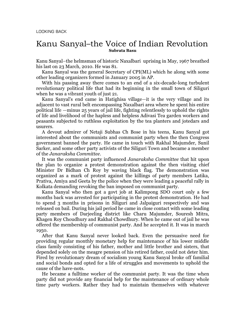 Kanu Sanyal–The Voice of Indian Revolution Subrata Basu