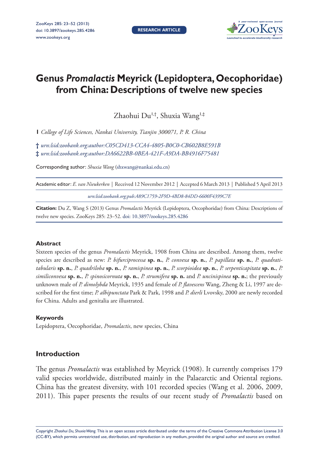 Genus Promalactis Meyrick (Lepidoptera, Oecophoridae) from China: Descriptions of Twelve New Species