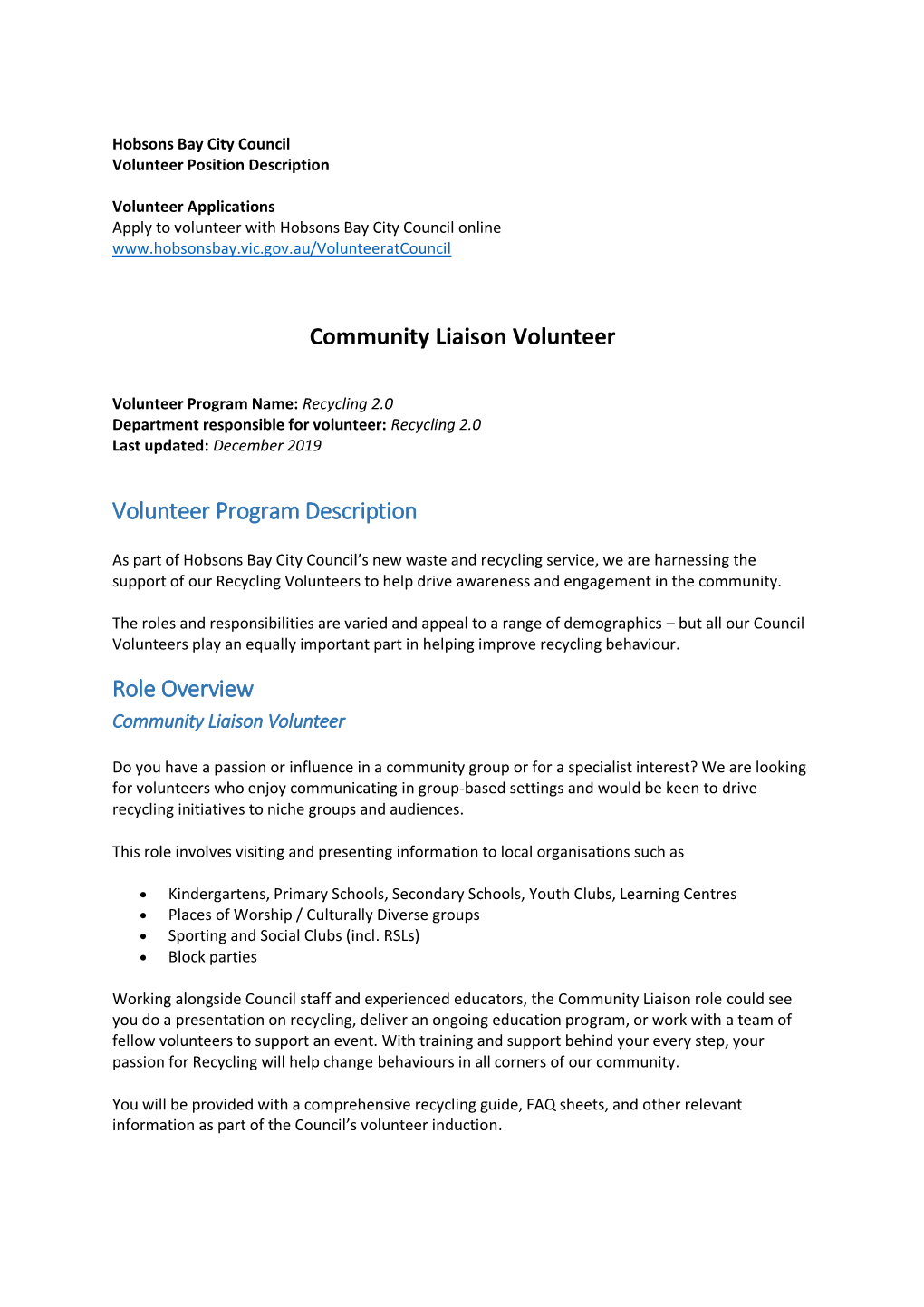 Community Liaison Volunteer Volunteer Program