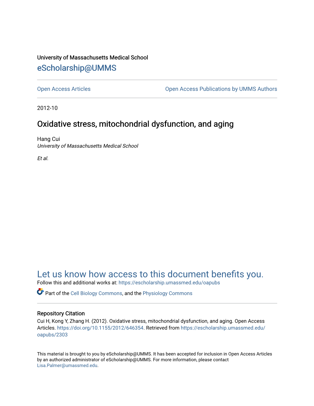 Oxidative Stress, Mitochondrial Dysfunction, and Aging