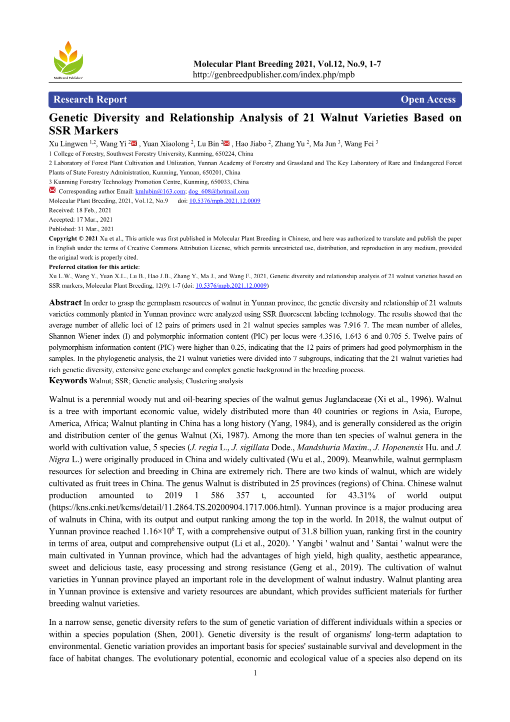 Genetic Diversity and Relationship Analysis of 21 Walnut Varieties