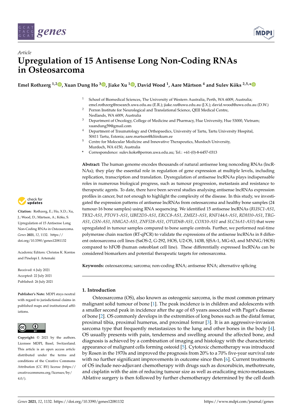 Upregulation of 15 Antisense Long Non-Coding Rnas in Osteosarcoma