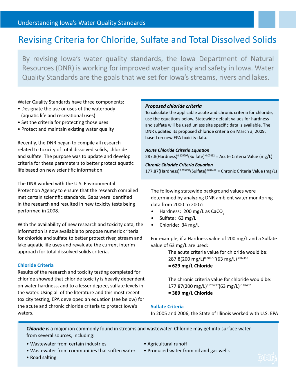 Revising Criteria for Chloride, Sulfate and Total Dissolved Solids