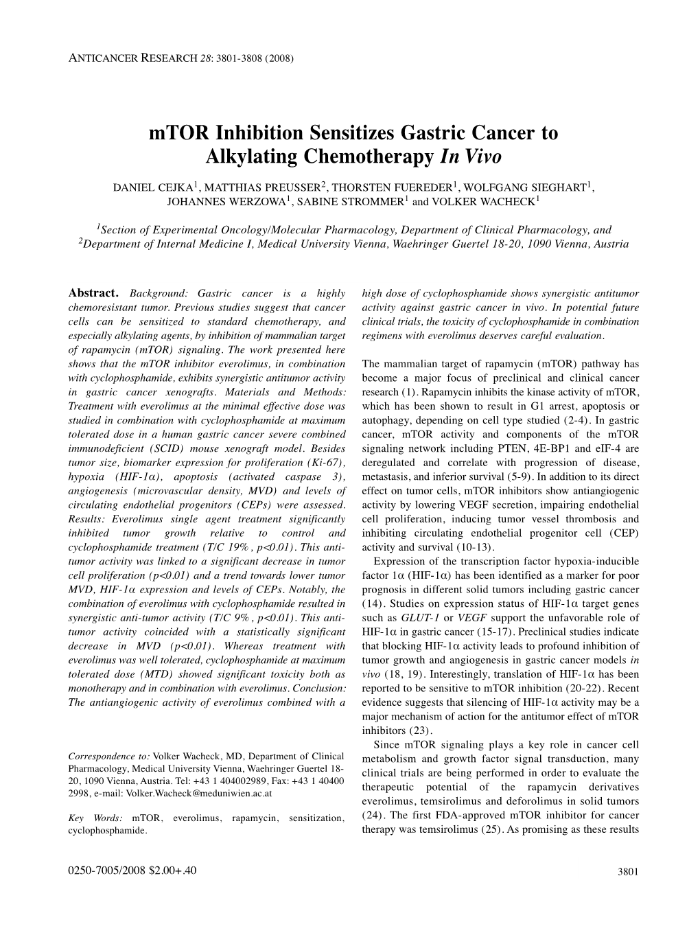 Mtor Inhibition Sensitizes Gastric Cancer to Alkylating Chemotherapy in Vivo