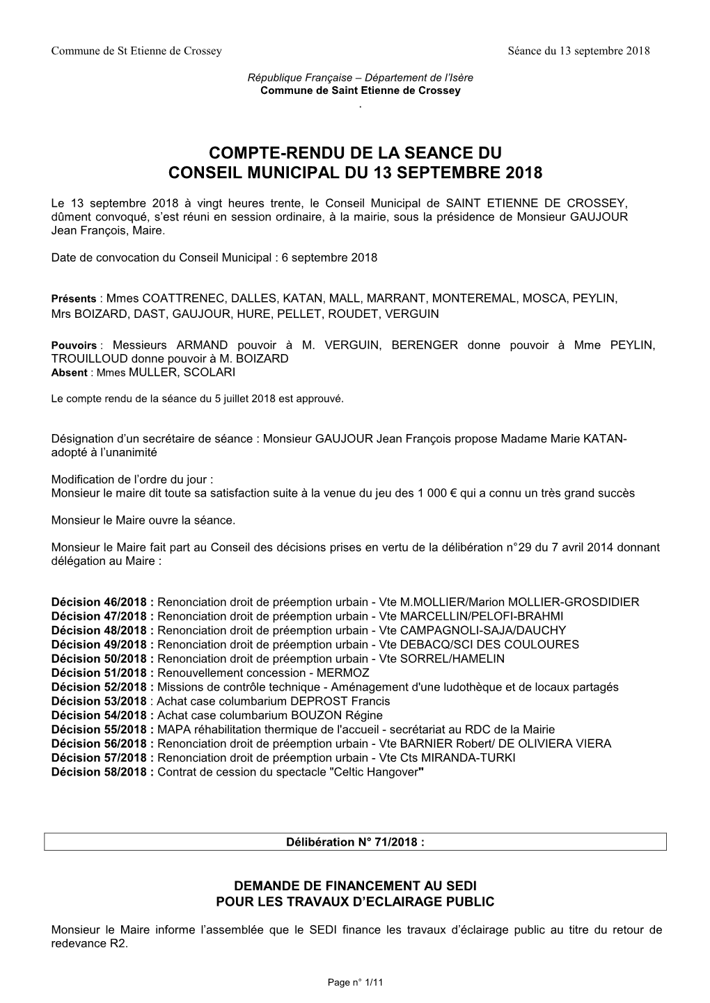 Compte-Rendu De La Seance Du Conseil Municipal Du 13 Septembre 2018