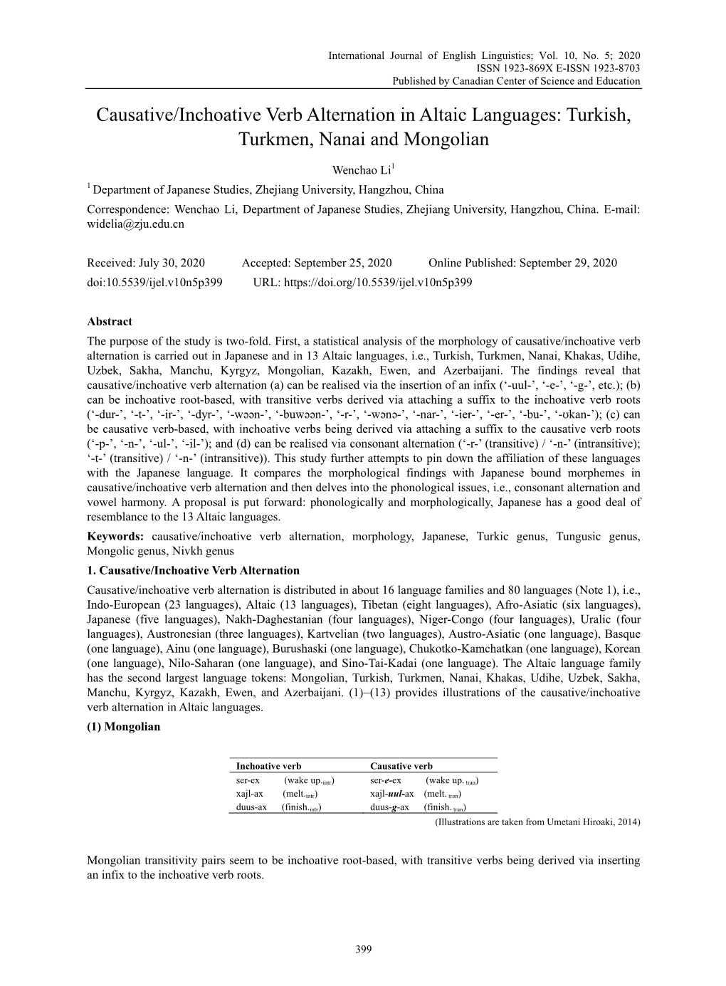 Causative/Inchoative Verb Alternation in Altaic Languages: Turkish, Turkmen, Nanai and Mongolian