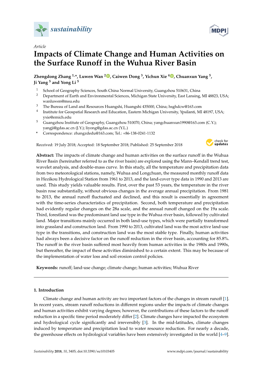 Impacts of Climate Change and Human Activities on the Surface Runoff in the Wuhua River Basin