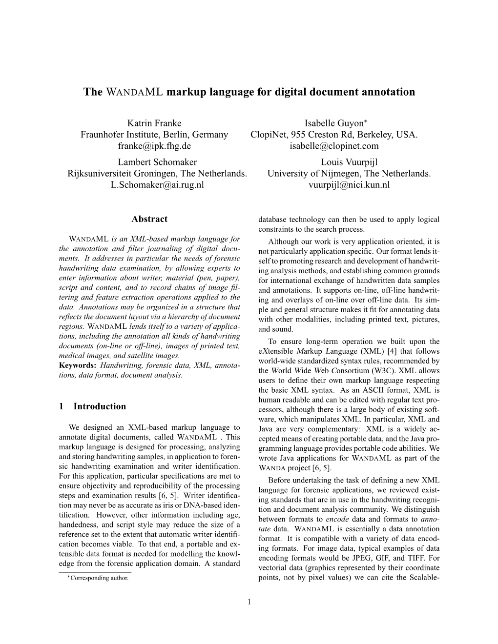 The WANDAML Markup Language for Digital Document Annotation