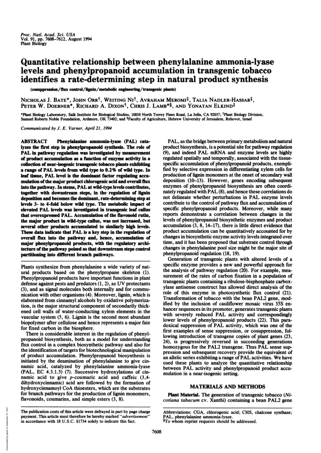 Quantitative Relationship Between Phenylalanine Ammonia-Lyase