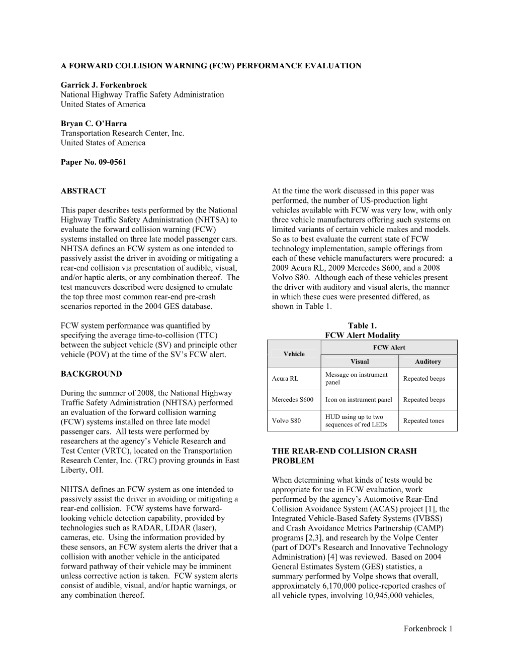 A Forward Collision Warning (Fcw) Performance Evaluation