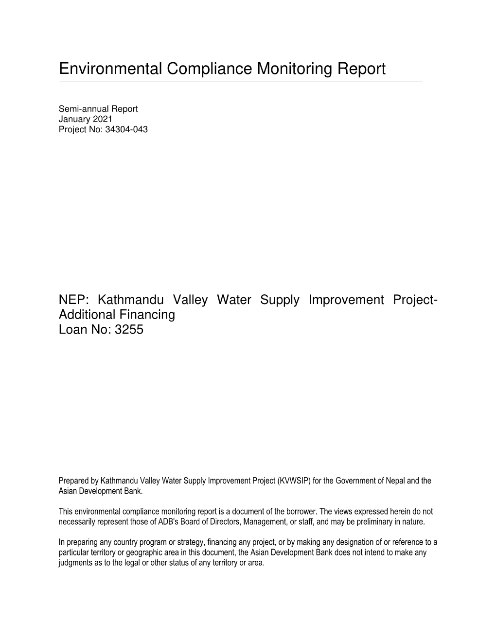 Kathmandu Valley Water Supply Improvement Project- Additional Financing Loan No: 3255