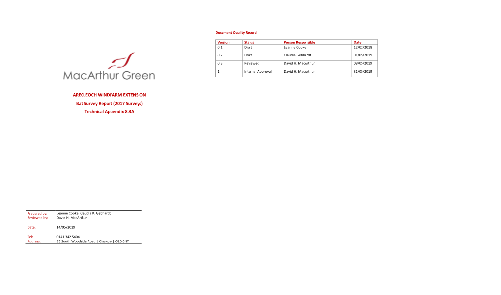 ARECLEOCH WINDFARM EXTENSION Bat Survey Report (2017 Surveys) Technical Appendix 8.3A