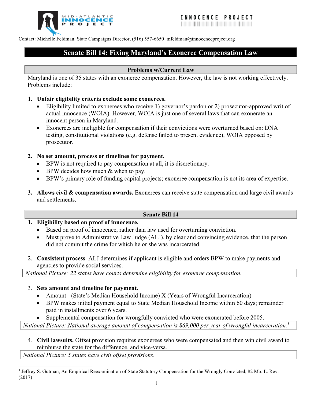 Senate Bill 14: Fixing Maryland's Exoneree Compensation