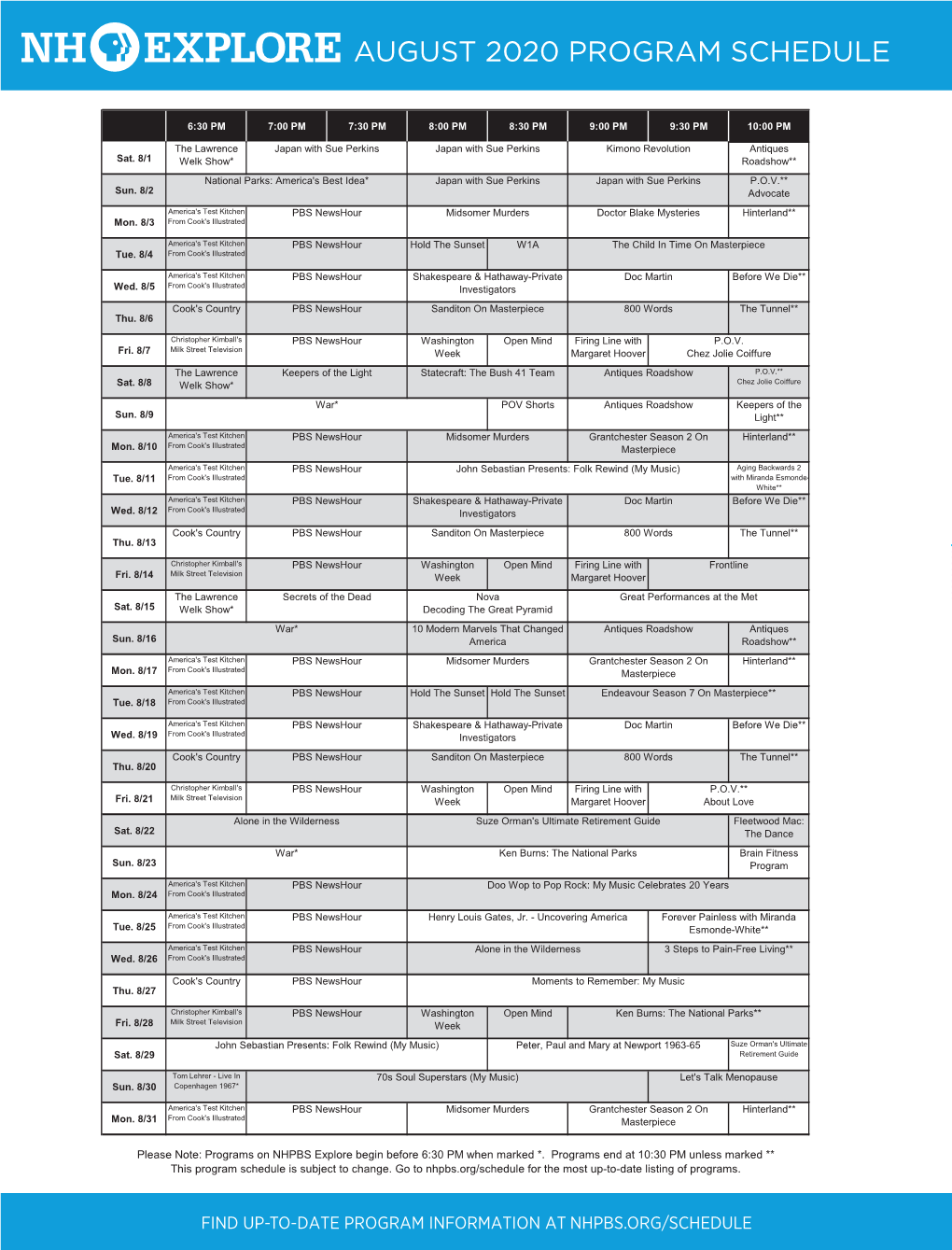 August 2020 Program Schedule