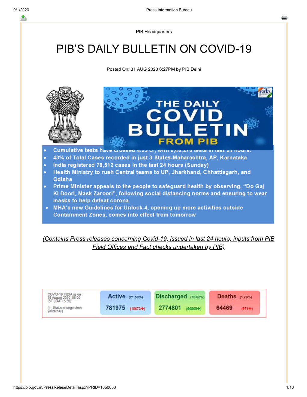 Pib's Daily Bulletin on Covid-19