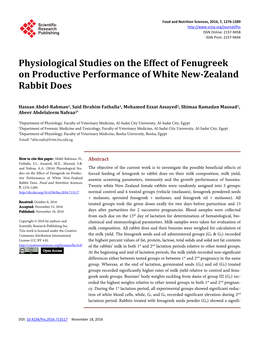 Physiological Studies on the Effect of Fenugreek on Productive Performance of White New-Zealand Rabbit Does