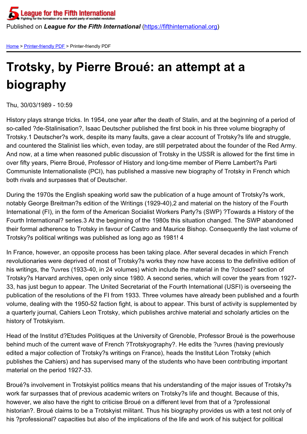 Trotsky, by Pierre Broué: an Attempt at a Biography