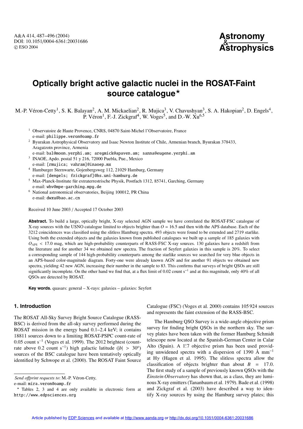 Optically Bright Active Galactic Nuclei in the ROSAT-Faint Source Catalogue