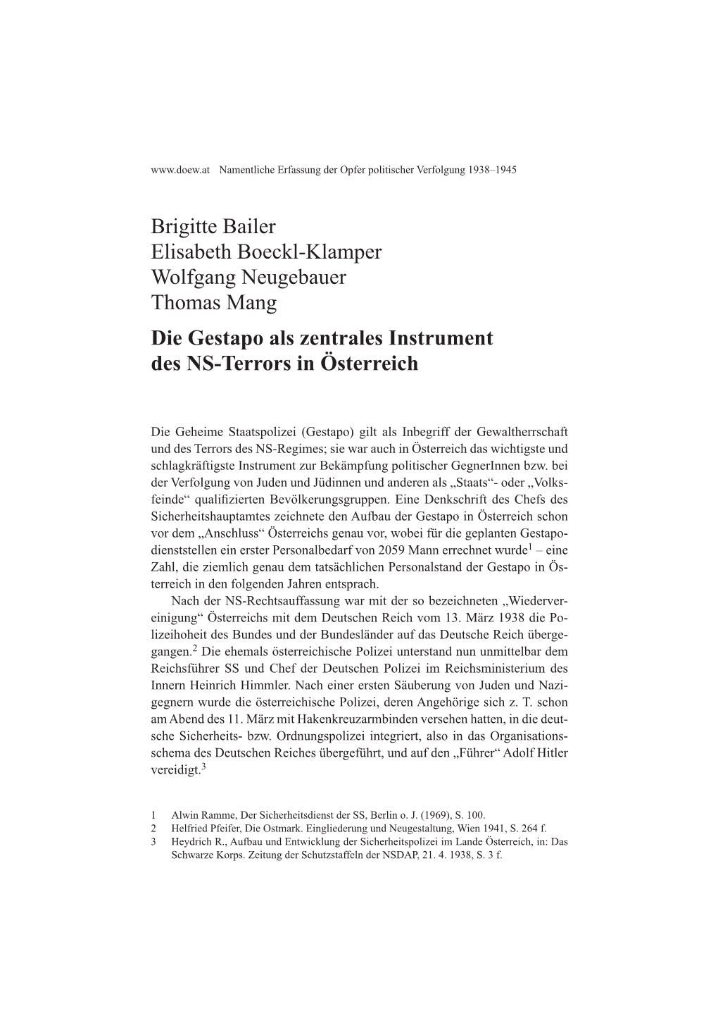 Die Gestapo Als Zentrales Instrument Des NS-Terrors in Österreich