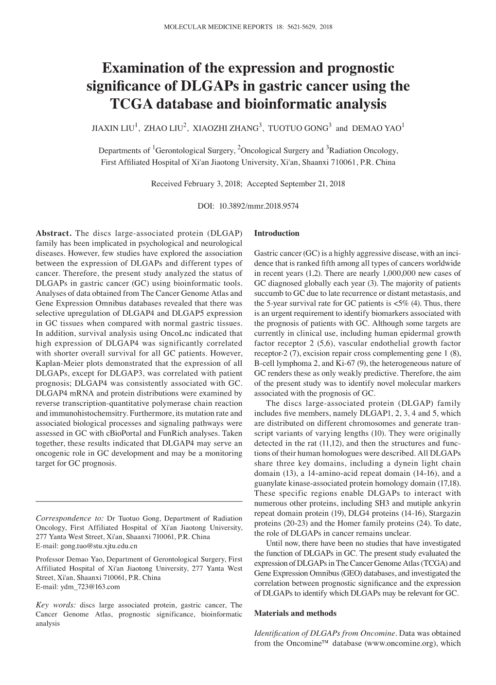 Examination of the Expression and Prognostic Significance of Dlgaps in Gastric Cancer Using the TCGA Database and Bioinformatic Analysis