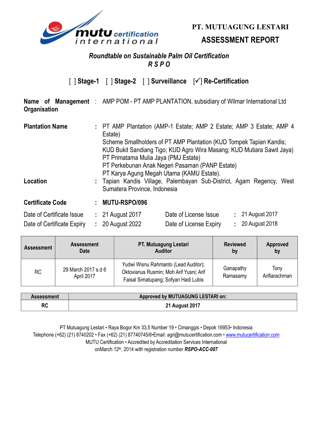 Pt. Mutuagung Lestari Assessment Report