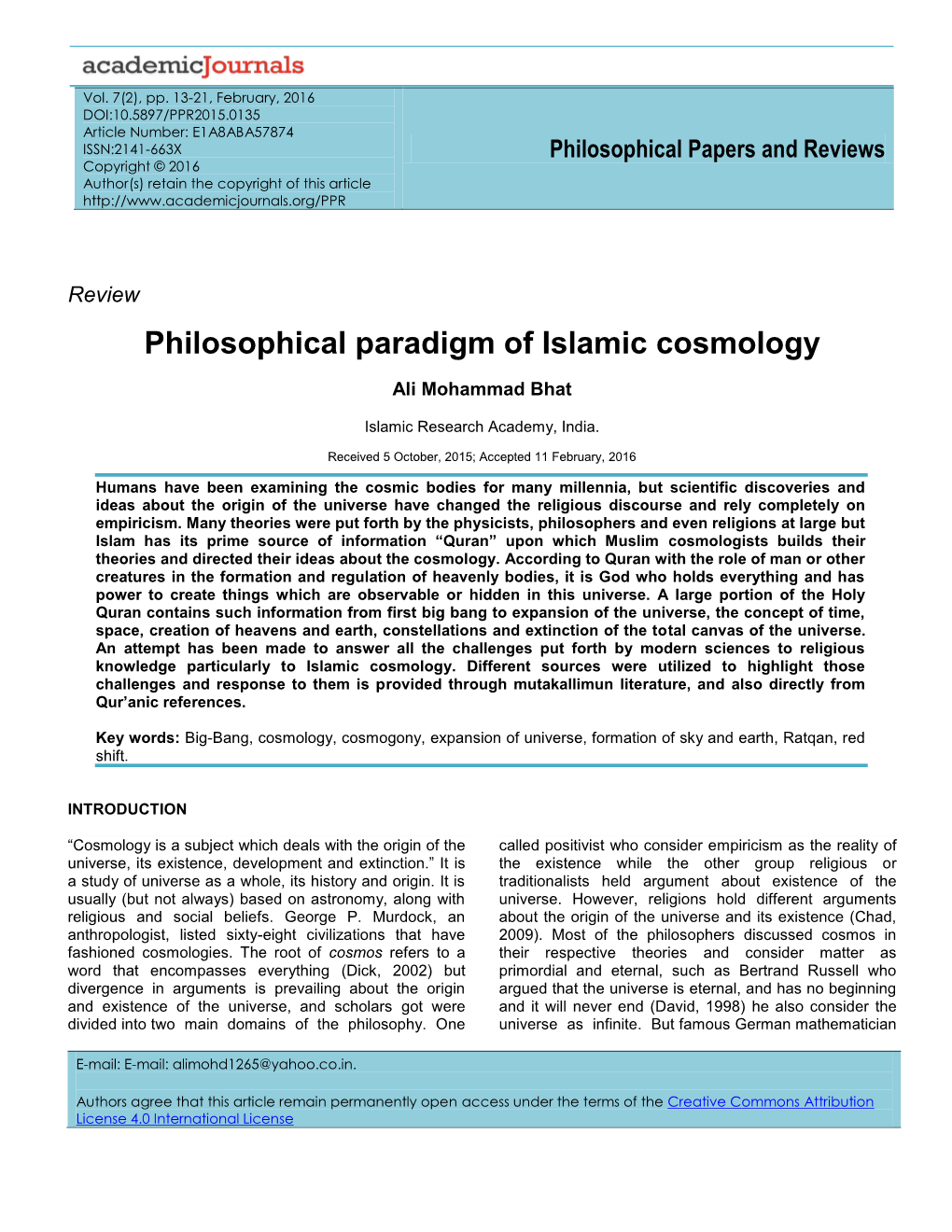 Philosophical Paradigm of Islamic Cosmology