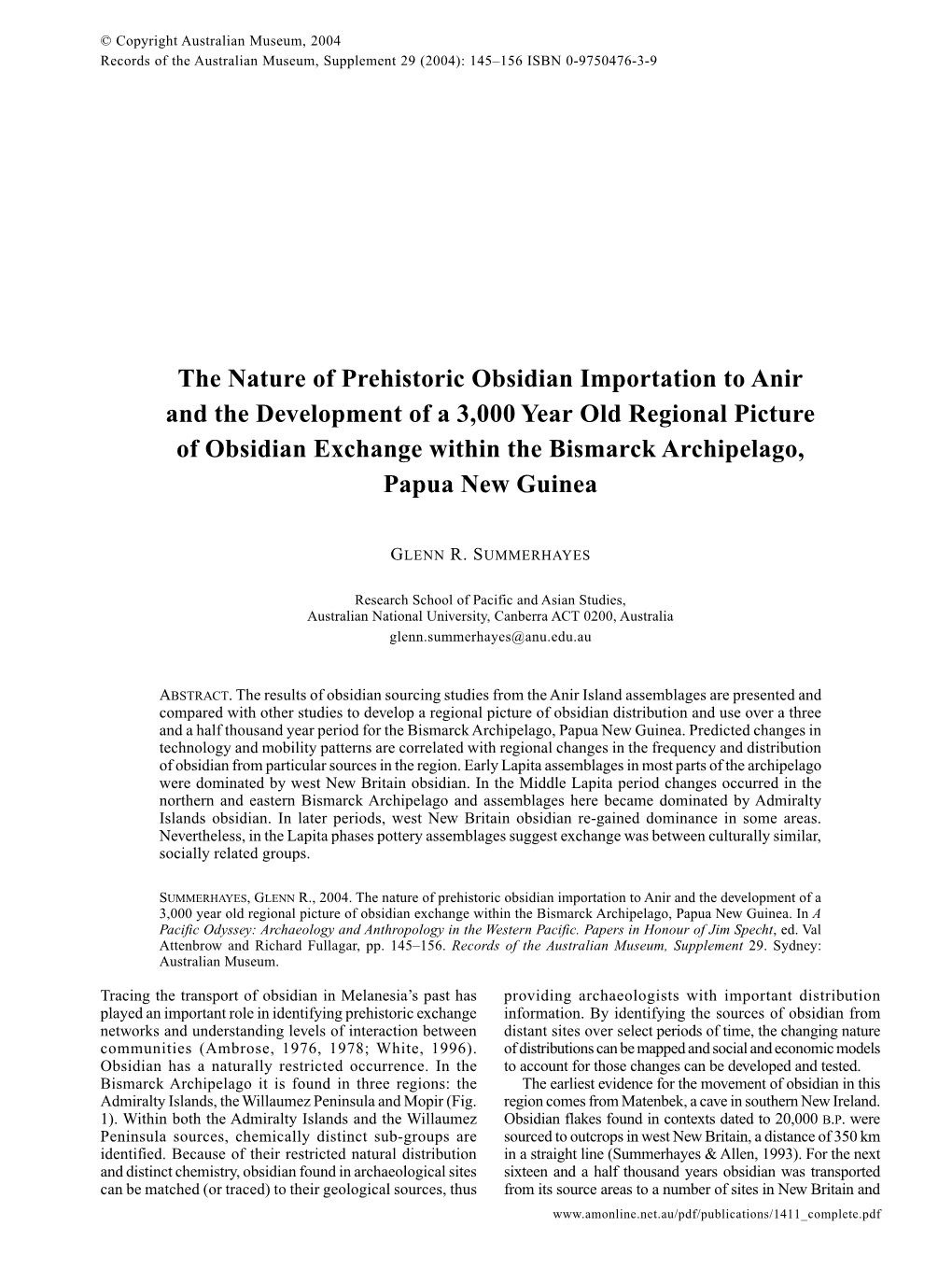 The Nature of Prehistoric Obsidian Importation to Anir and The