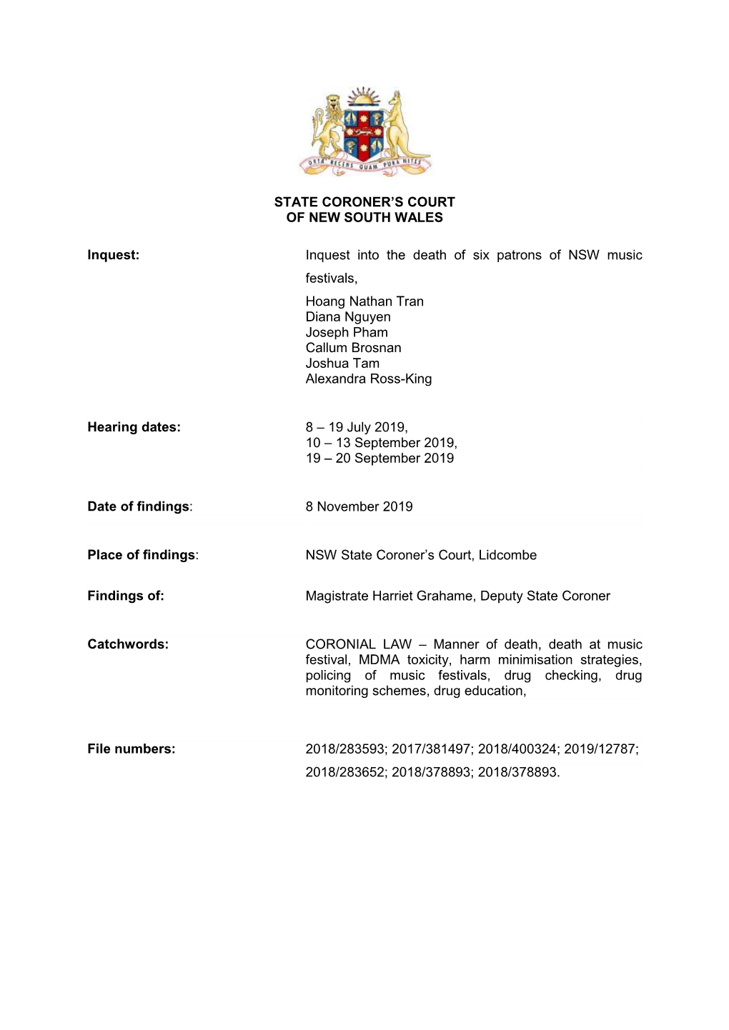 Inquest Into the Death of Six Patrons of NSW Music Festivals, Hoang Nathan Tran Diana Nguyen Joseph Pham Callum Brosnan Joshua Tam Alexandra Ross-King