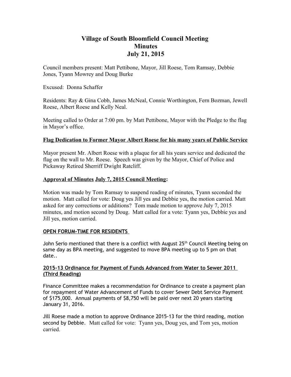 Village of South Bloomfield Council Meeting