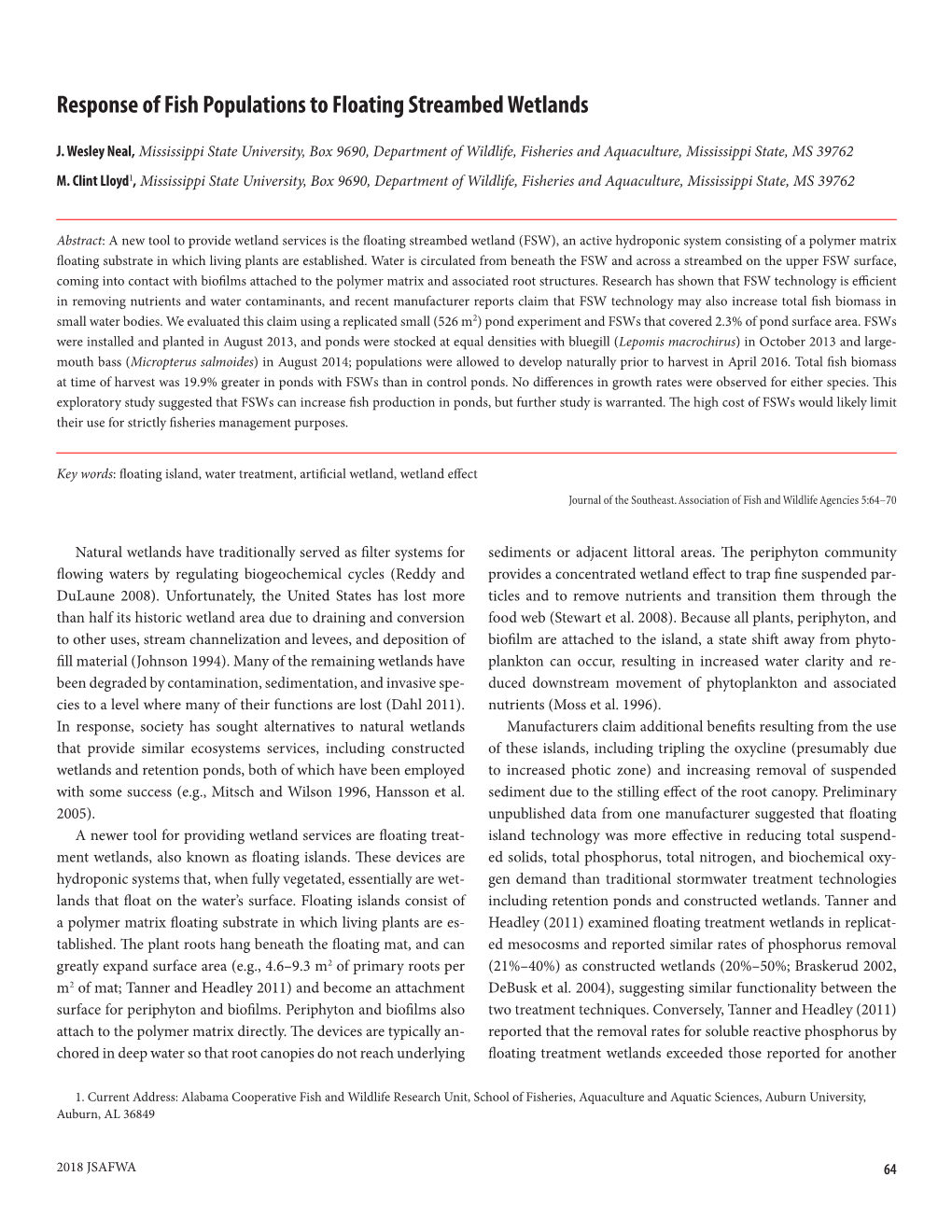 Response of Fish Populations to Floating Streambed Wetlands