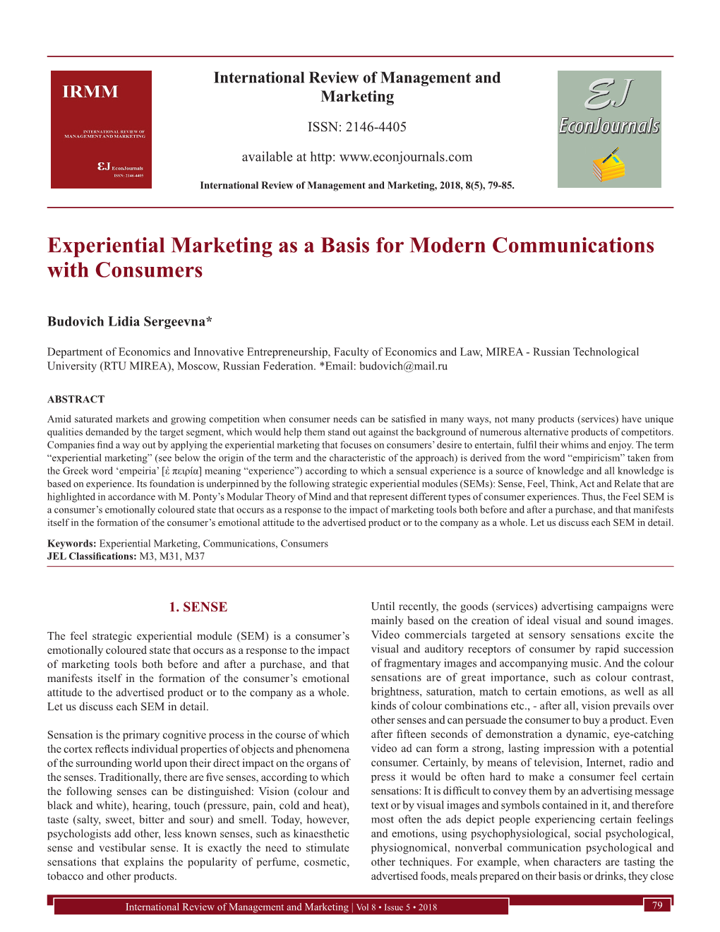 Experiential Marketing As a Basis for Modern Communications with Consumers