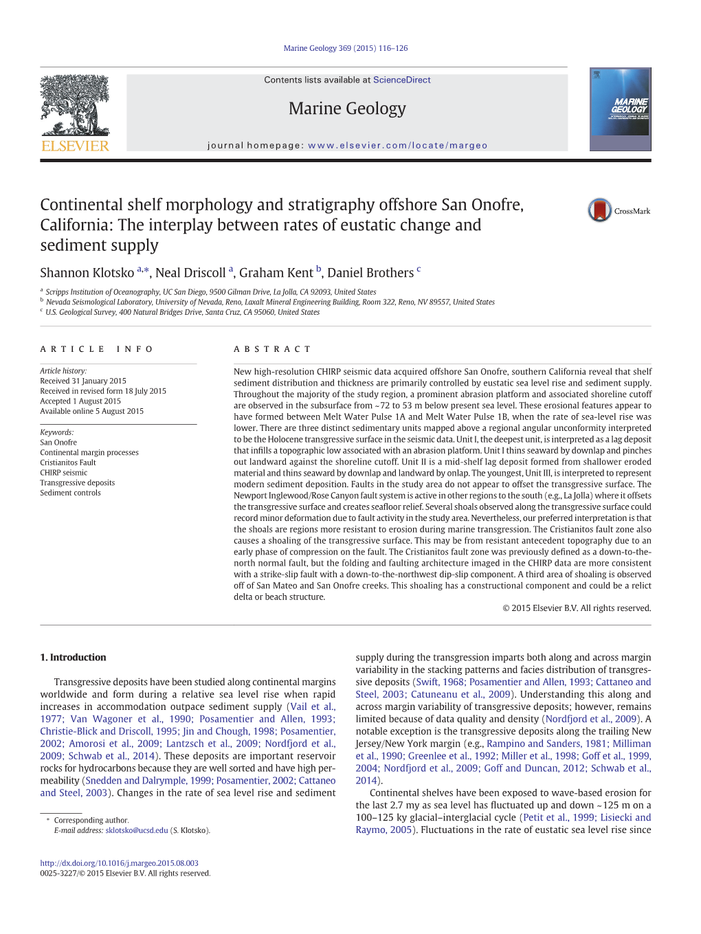 Continental Shelf Morphology and Stratigraphy Offshore San Onofre, California: the Interplay Between Rates of Eustatic Change and Sediment Supply